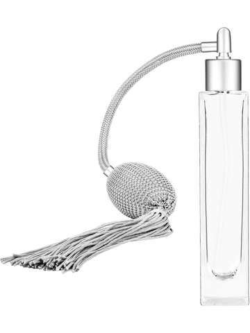 Sleek design 50 ml, 1.7oz  clear glass bottle  with Silver vintage style bulb sprayer with tasseland matte silver collar cap.