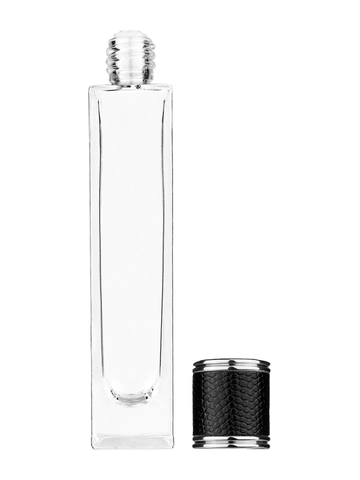 Sleek design 50 ml, 1.7oz  clear glass bottle  with reducer and black faux leather cap.