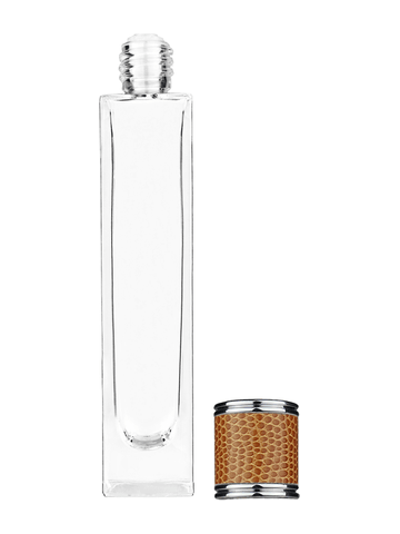 Sleek design 50 ml, 1.7oz  clear glass bottle  with reducer and brown faux leather cap.