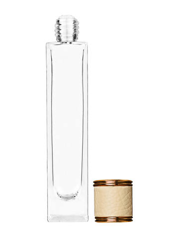 Sleek design 50 ml, 1.7oz  clear glass bottle  with reducer and ivory faux leather cap.