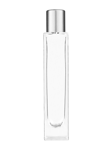 Sleek design 50 ml, 1.7oz  clear glass bottle  with reducer and tall silver matte cap.