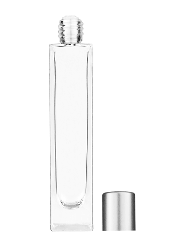 Sleek design 50 ml, 1.7oz  clear glass bottle  with reducer and tall silver matte cap.