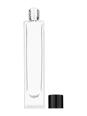 Sleek design 50 ml, 1.7oz  clear glass bottle  with reducer and black shiny cap.