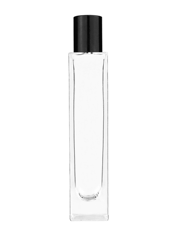 Sleek design 50 ml, 1.7oz  clear glass bottle  with reducer and tall black shiny cap.