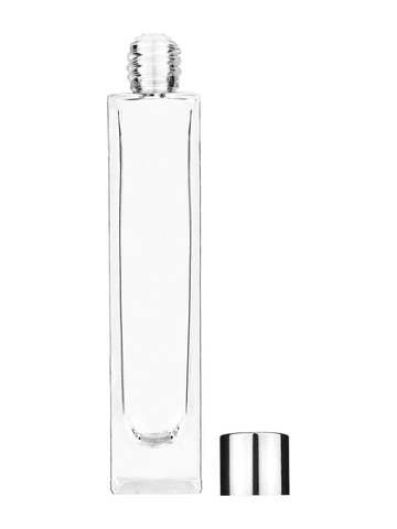 Sleek design 50 ml, 1.7oz  clear glass bottle  with reducer and shiny silver cap.