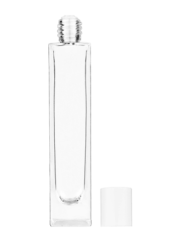 Sleek design 50 ml, 1.7oz  clear glass bottle  with reducer and white cap.