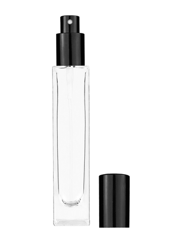 Sleek design 50 ml, 1.7oz  clear glass bottle  with shiny black spray pump.