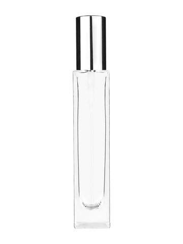 Sleek design 50 ml, 1.7oz  clear glass bottle  with shiny silver spray pump.