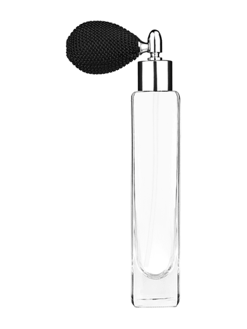 Slim design 100 ml, 3 1/2oz  clear glass bottle  with black vintage style bulb sprayer with shiny silver collar cap.