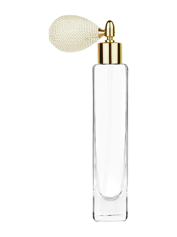 Slim design 100 ml, 3 1/2oz  clear glass bottle  with ivory vintage style bulb sprayer with shiny gold collar cap.