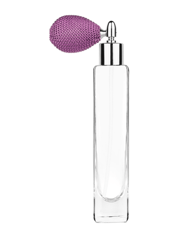 Slim design 100 ml, 3 1/2oz  clear glass bottle  with lavender vintage style bulb sprayer with shiny silver collar cap.