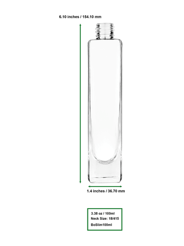 Slim design 100 ml, 3 1/2oz  clear glass bottle  with matte silver vintage style sprayer with matte silver collar cap.