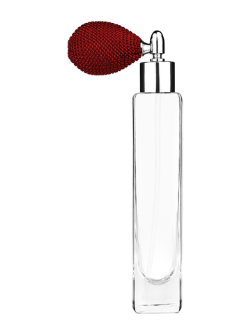 Slim design 100 ml, 3 1/2oz  clear glass bottle  with red vintage style bulb sprayer with shiny silver collar cap.