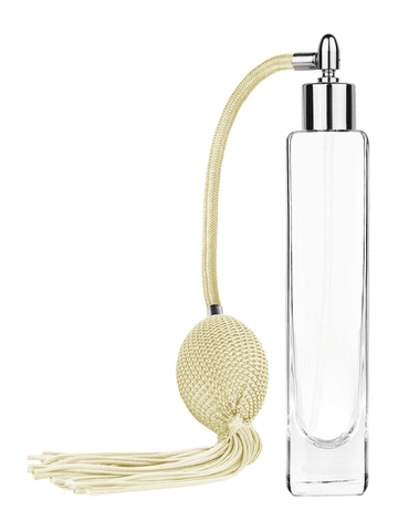 Slim design 100 ml, 3 1/2oz  clear glass bottle  with Ivory vintage style bulb sprayer with tassel with shiny silver collar cap.