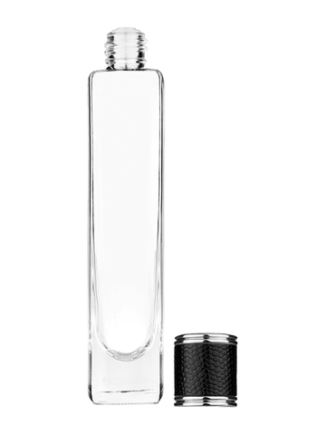 Slim design 100 ml, 3 1/2oz  clear glass bottle  with reducer and black faux leather cap.