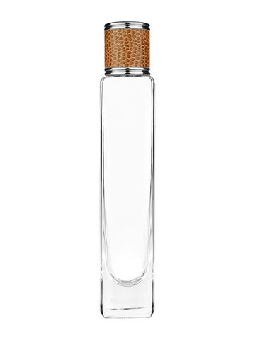 Slim design 100 ml, 3 1/2oz  clear glass bottle  with reducer and brown faux leather cap.