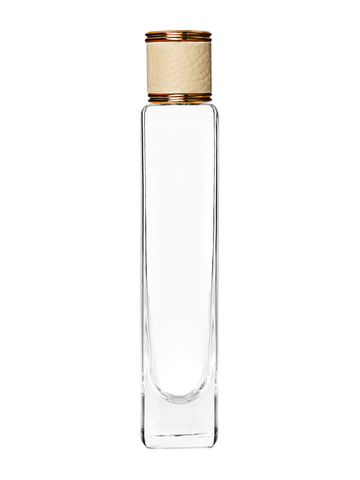 Slim design 100 ml, 3 1/2oz  clear glass bottle  with reducer with ivory faux leather cap.