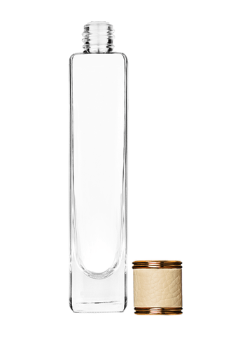 Slim design 100 ml, 3 1/2oz  clear glass bottle  with reducer with ivory faux leather cap.