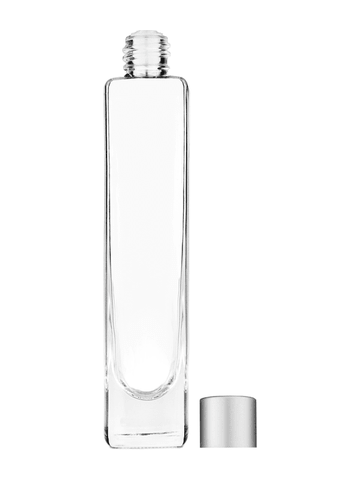 Slim design 100 ml, 3 1/2oz  clear glass bottle  with reducer and silver matte cap.