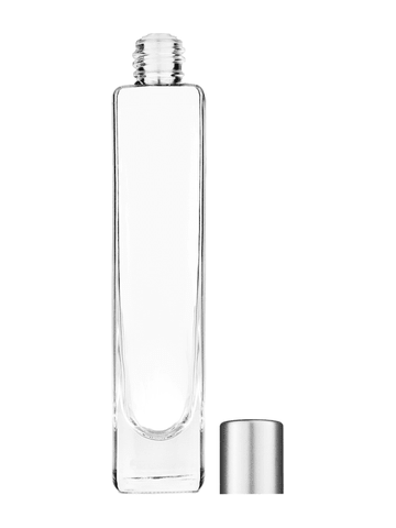 Slim design 100 ml, 3 1/2oz  clear glass bottle  with reducer and tall silver matte cap.