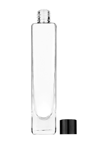 Slim design 100 ml, 3 1/2oz  clear glass bottle  with reducer and black shiny cap.