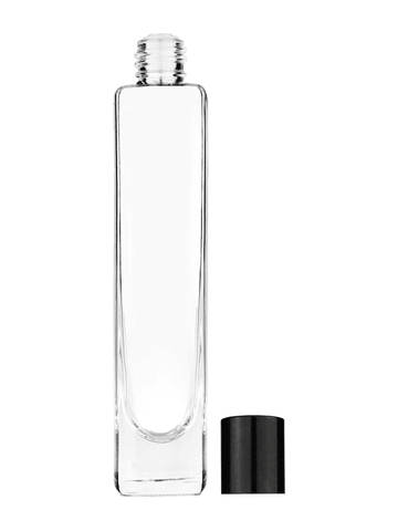 Slim design 100 ml, 3 1/2oz  clear glass bottle  with reducer and tall black shiny cap.