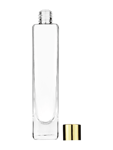 Slim design 100 ml, 3 1/2oz  clear glass bottle  with reducer and shiny gold cap.