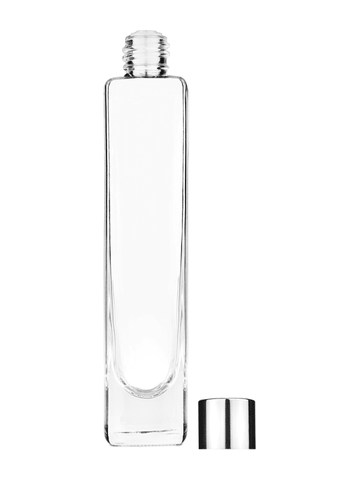 Slim design 100 ml, 3 1/2oz  clear glass bottle  with reducer and shiny silver cap.