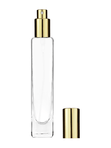 Slim design 100 ml, 3 1/2oz  clear glass bottle  with shiny gold spray pump.