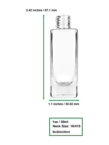 Slim design 30 ml, 1oz  clear glass bottle  with black vintage style bulb sprayer with shiny silver collar cap.