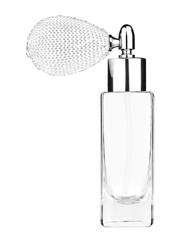 Slim design 30 ml, 1oz  clear glass bottle  with white vintage style bulb sprayer with shiny silver collar cap.