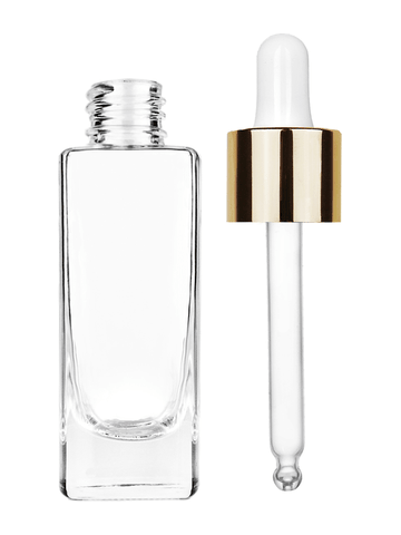 Slim design 30 ml, 1oz  clear glass bottle  with white dropper with shiny gold collar cap.