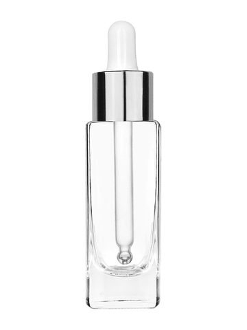 Slim design 30 ml, 1oz  clear glass bottle  with white dropper with shiny silver collar cap.