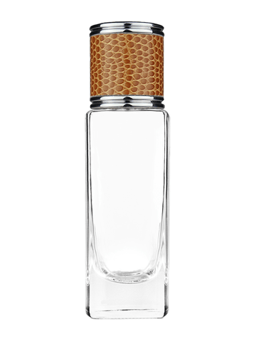 Slim design 30 ml, 1oz  clear glass bottle  with reducer and brown faux leather cap.