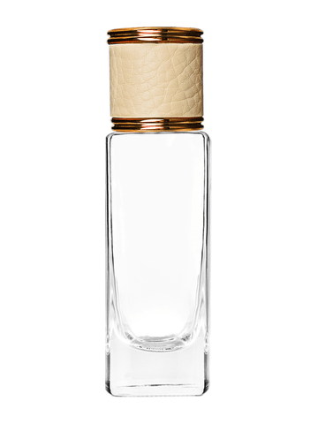 Slim design 30 ml, 1oz  clear glass bottle  with reducer and ivory faux leather cap.