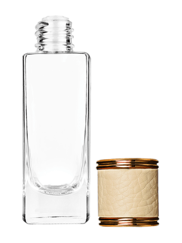 Slim design 30 ml, 1oz  clear glass bottle  with reducer and ivory faux leather cap.