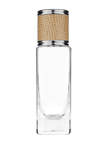 Slim design 30 ml, 1oz  clear glass bottle  with reducer and light brown faux leather cap.