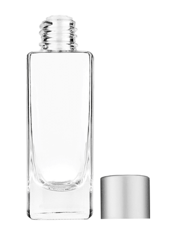 Slim design 30 ml, 1oz  clear glass bottle  with reducer and silver matte cap.