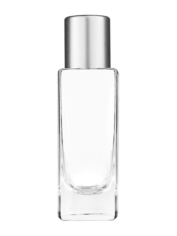 Slim design 30 ml, 1oz  clear glass bottle  with reducer and tall silver matte cap.