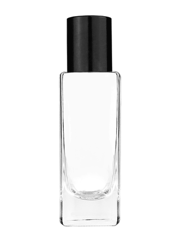 Slim design 30 ml, 1oz  clear glass bottle  with reducer and tall black shiny cap.