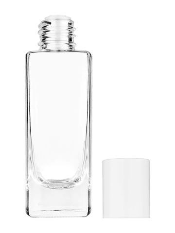 Slim design 30 ml, 1oz  clear glass bottle  with reducer and white cap.