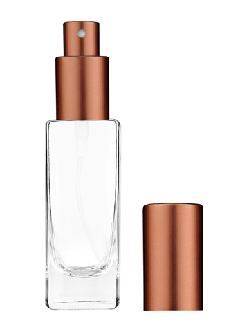 Slim design 30 ml, 1oz  clear glass bottle  with matte copper spray pump.