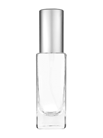 Slim design 30 ml, 1oz  clear glass bottle  with matte silver spray pump.