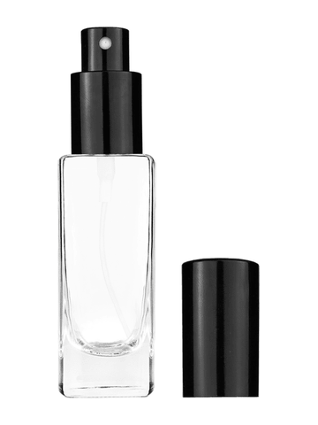 Slim design 30 ml, 1oz  clear glass bottle  with shiny black spray pump.