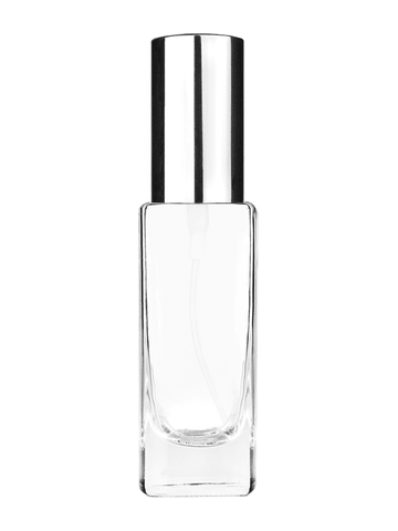 Slim design 30 ml, 1oz  clear glass bottle  with shiny silver spray pump.