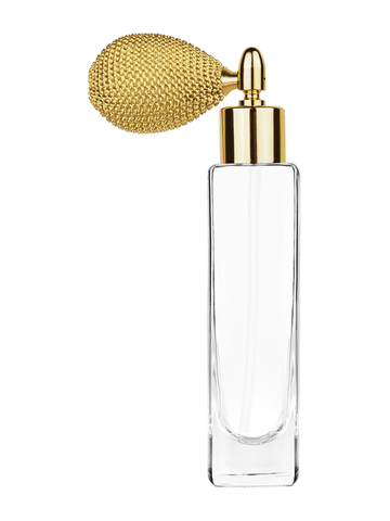 Slim design 50 ml, 1.7oz  clear glass bottle  with gold vintage style sprayer with shiny gold collar cap.