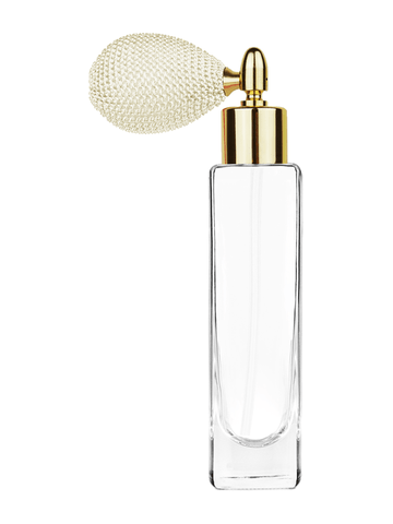 Slim design 50 ml, 1.7oz  clear glass bottle  with ivory vintage style bulb sprayer with shiny gold collar cap.