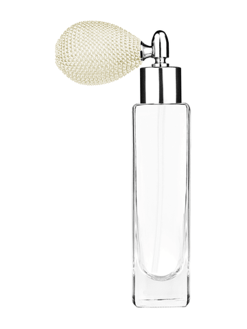 Slim design 50 ml, 1.7oz  clear glass bottle  with ivory vintage style bulb sprayer with shiny silver collar cap.