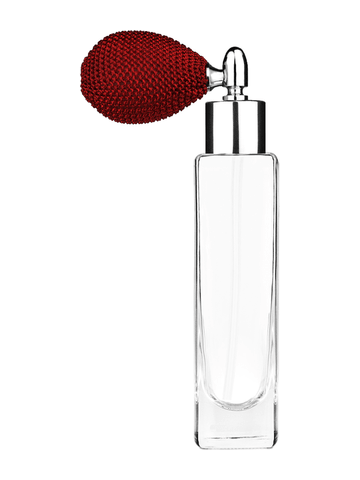 Slim design 50 ml, 1.7oz  clear glass bottle  with red vintage style bulb sprayer with shiny silver collar cap.