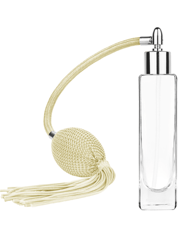 Slim design 50 ml, 1.7oz  clear glass bottle  with Ivory vintage style bulb sprayer with tassel and shiny silver collar cap.